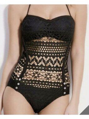 Robin Piccone Penelope Crochet One Piece Bathing Suit Black Lace NWOT Size 4